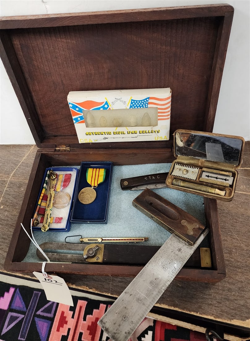 Carved Indo Teak Box 3" H X 12" W X 8" D w/Authentic Civil War Bullets, Vietnam Service Medal,: Carved Indo Teak Box 3" H X 12" W X 8" D w/Authentic Civil War Bullets, Vietnam Service Medal, National Defense Medal, Vintage Razor, Hawkbill Pocket Knife, Sliding T Bevel, Stanley #20 Wood Handle