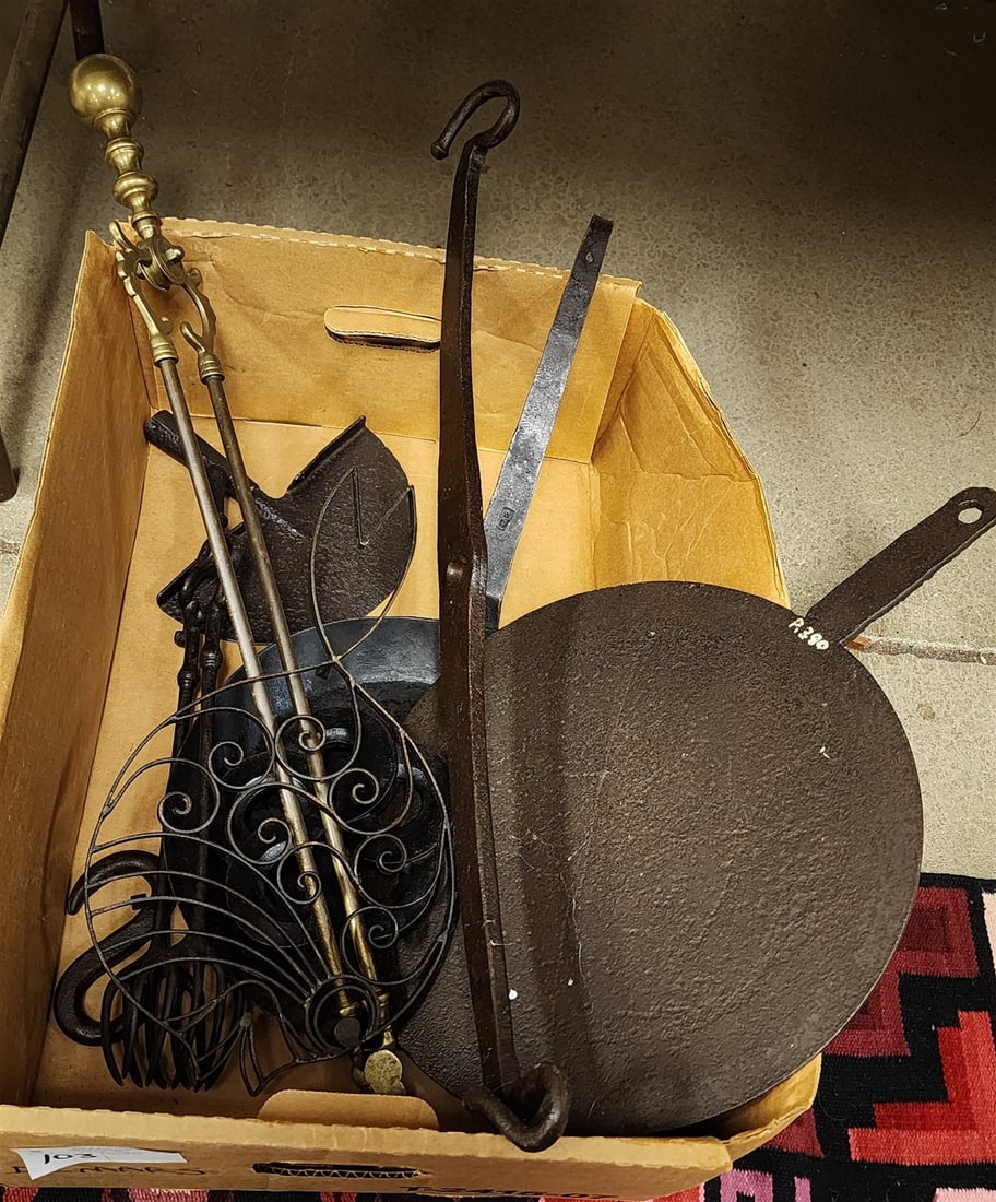 Box Vintage Metal Incl. 14" Cast Iron Griddle, Fireplace Tongs, Trivets, Etc. (1 of 1)