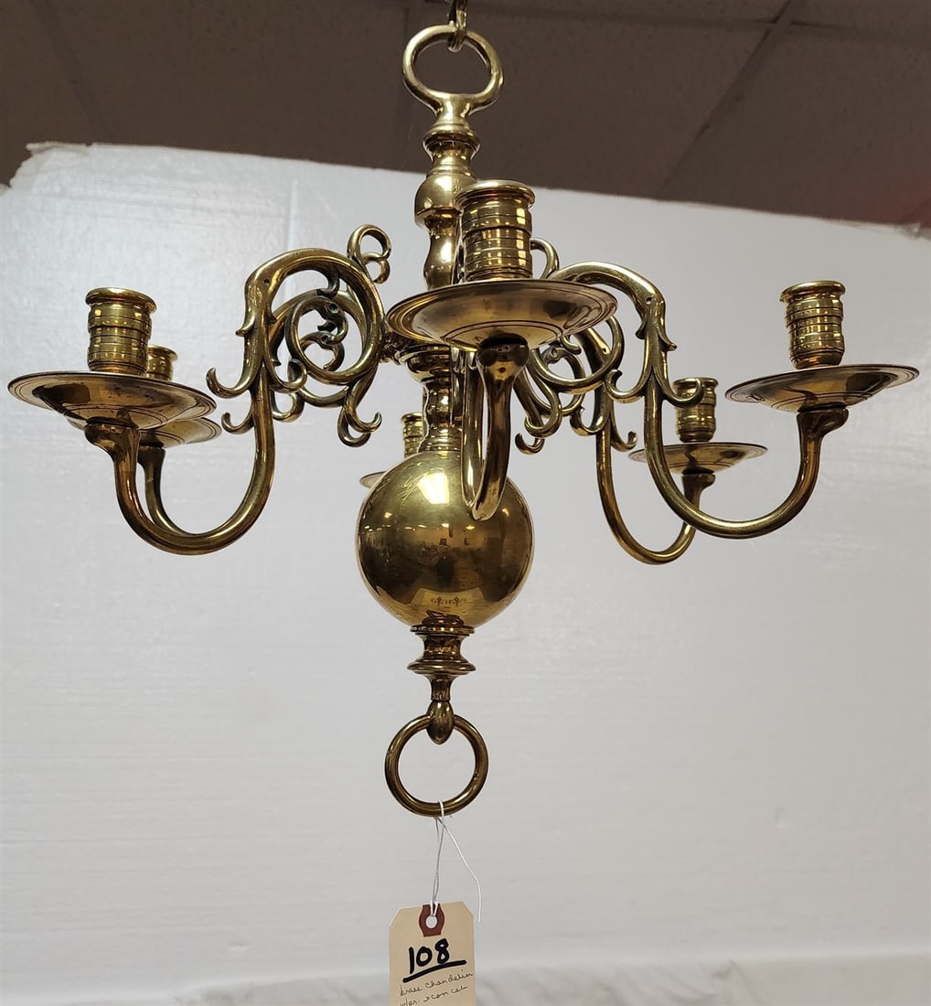 Brass 6 Arm Chandelier (For Candles) 18" H X 20" Diam. w/2 Brass Sconces (For Candles) 14" H X 12" W: Brass 6 Arm Chandelier (For Candles) 18" H X 20" Diam. w/2 Brass Sconces (For Candles) 14" H X 12" W