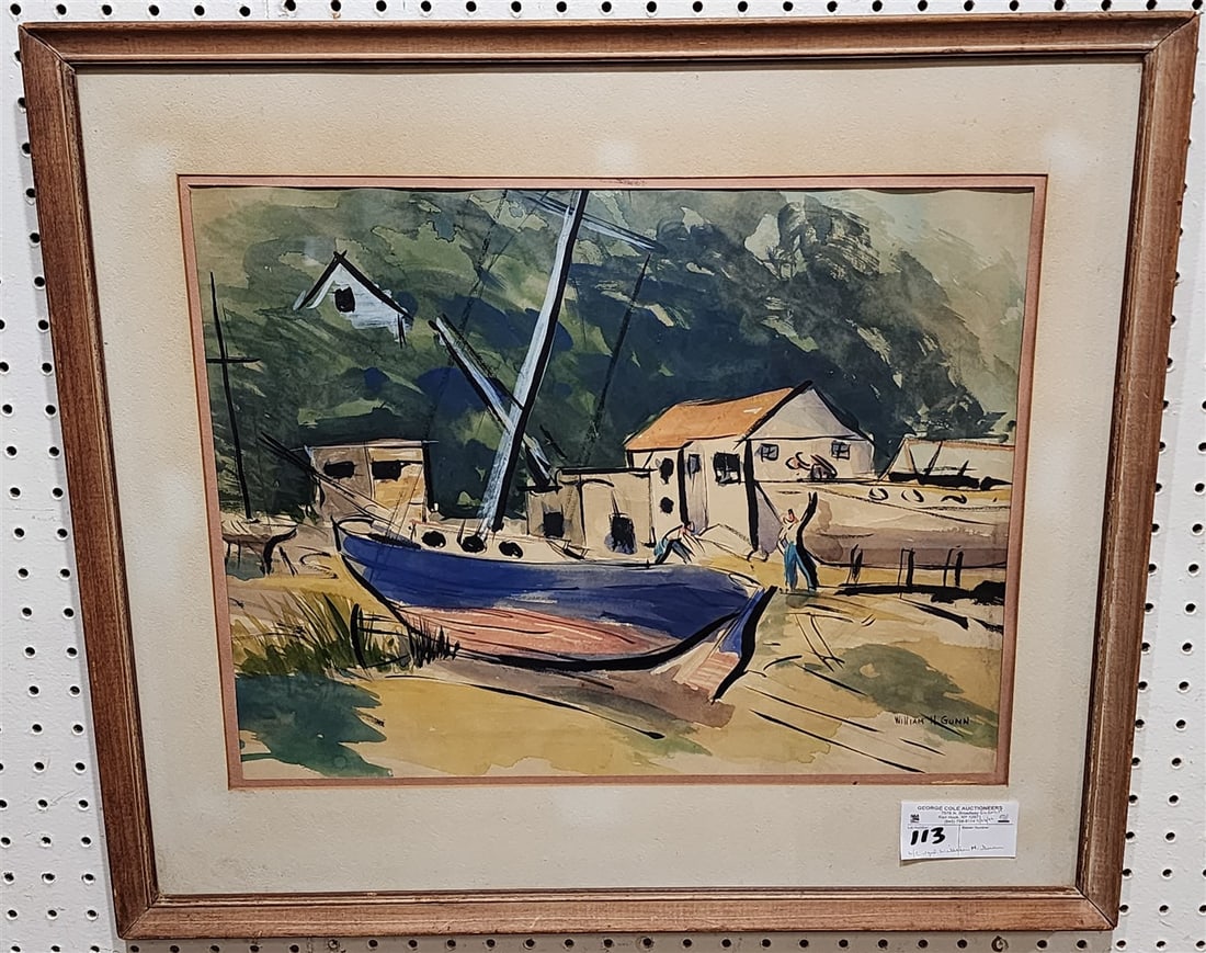 Framed W/C Dock Scene Sgnd William N. Gunn 14" X 18 1/2" w/Frame 22" X 25" (1 of 2)