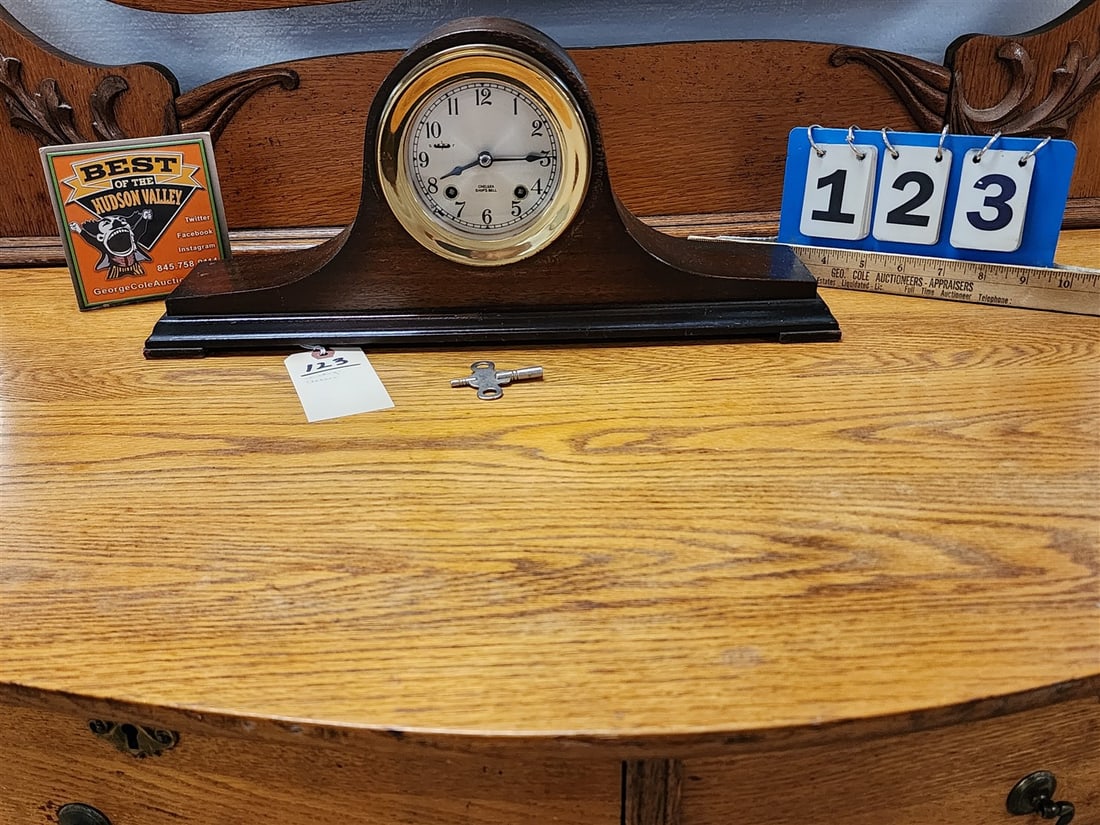 Cheslsea Ships Bell Mahogany Tambor Clock (Working) 7 1/2" H X 17" W X 3 3/4" D (1 of 3)