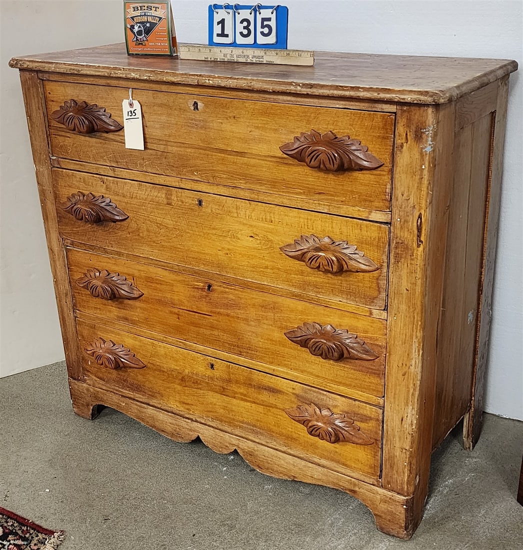 19th C Cottage Pine 4 Drawer Chest 35 1/2" H X 38 1/2" W X 17" D (1 of 2)