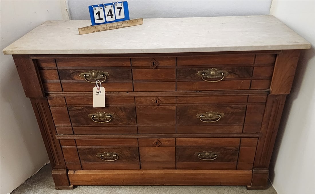 Victorian Eastlake Walnut Marbletop 3 Drawer Chest w/Slipper Drawer 30 1/2" H X 44 1/2" W X 17 3/4" (1 of 4)