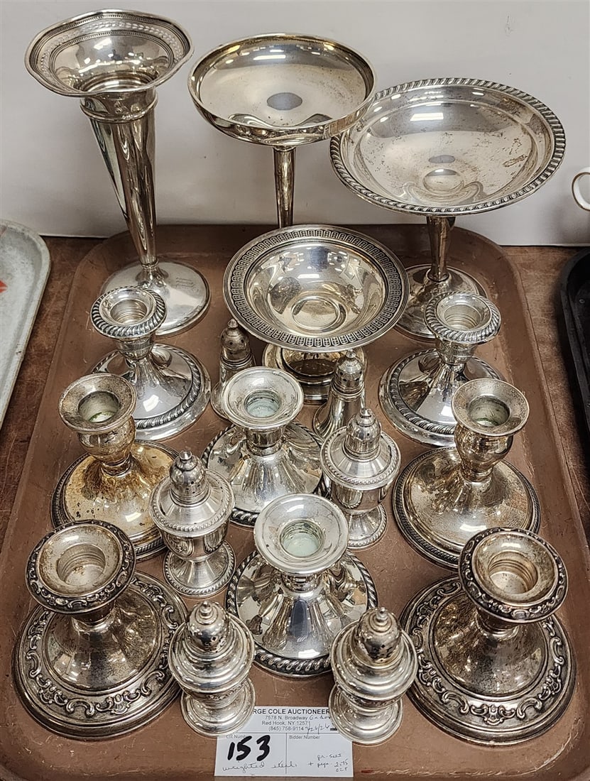 Tray Weighted Silver Items - 4 Prs. Weighted Candlesticks, 4 Salt/Peps, 2 Comptoes, Case + 2 (1 of 6)