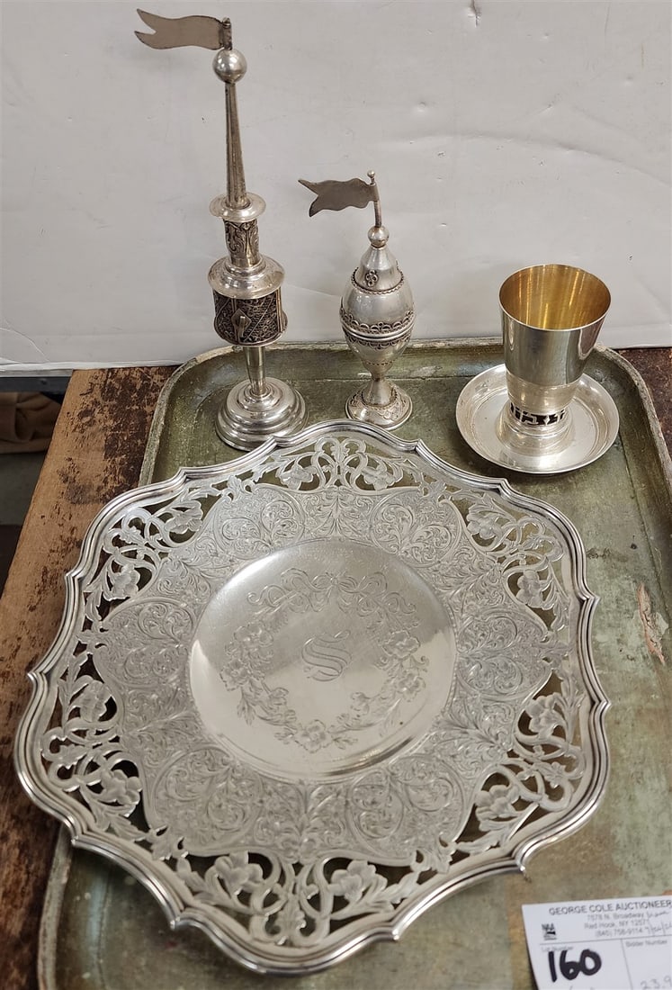 Tray Sterling - Footed Dish 11" Diam., (2) Judaica Spice Towers, Cup 4", Pin Tray 3 3/4" Diam. (1 of 3)