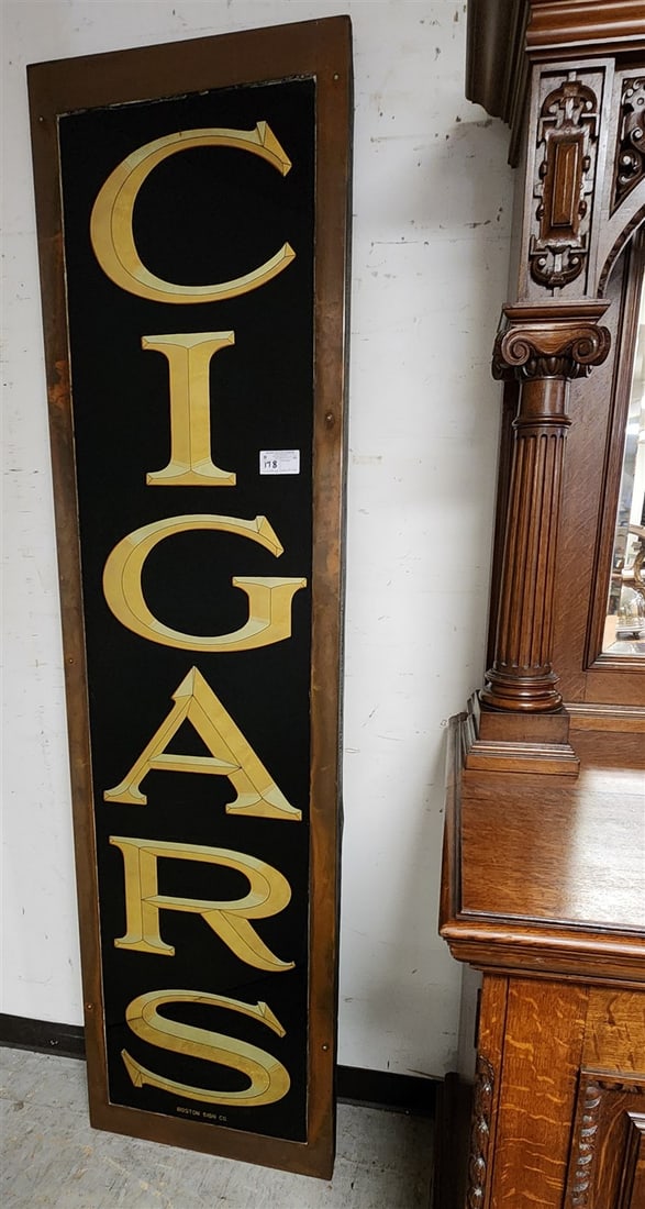 Vintage Reverse Painted & Gilt Cigar Advertising Sign By The Boston Sign Co. In Copper Frame 7' H X (1 of 5)