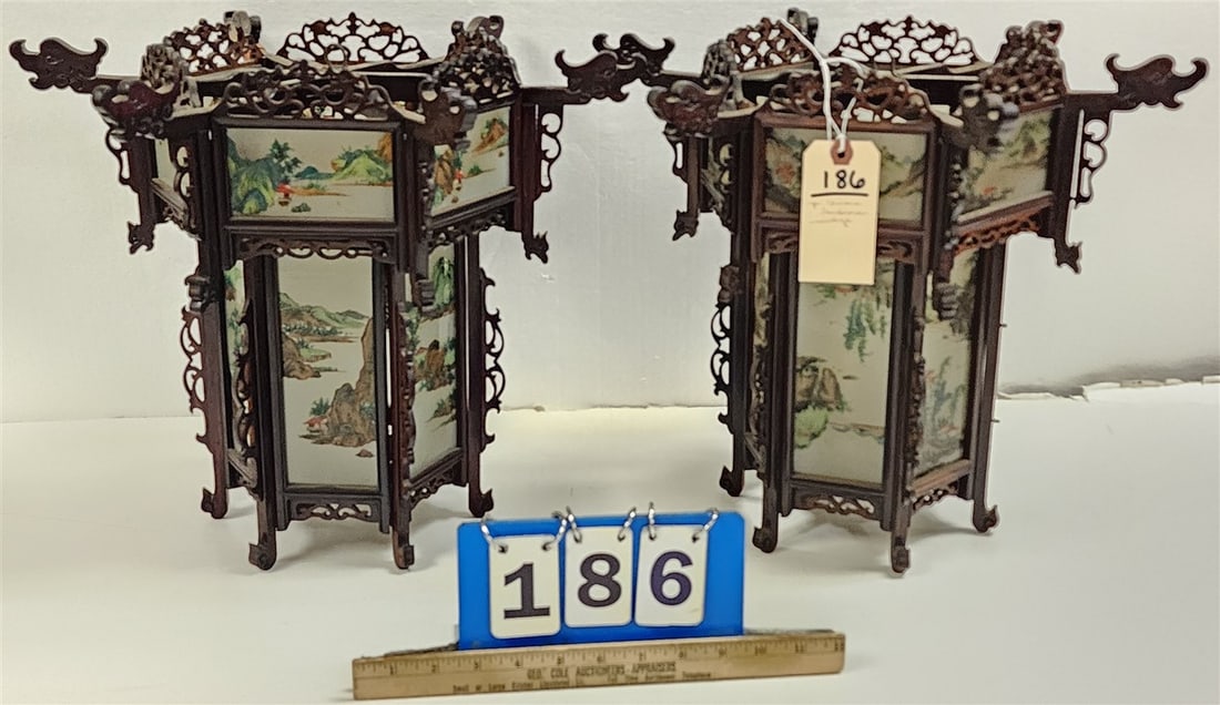 Vintage Pr. Chinese Reverse Painted Glass Panel Lanterns 14" H X 16 1/2" D (1 of 4)