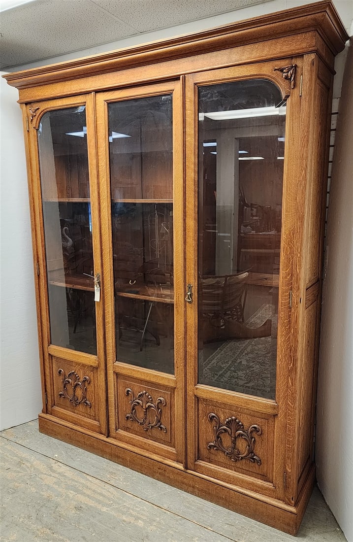 Vintage Oak 3 Door Cabinet w/Bevelled Glass 7'9" H X 75" W X 18 1/2" D (1 of 6)