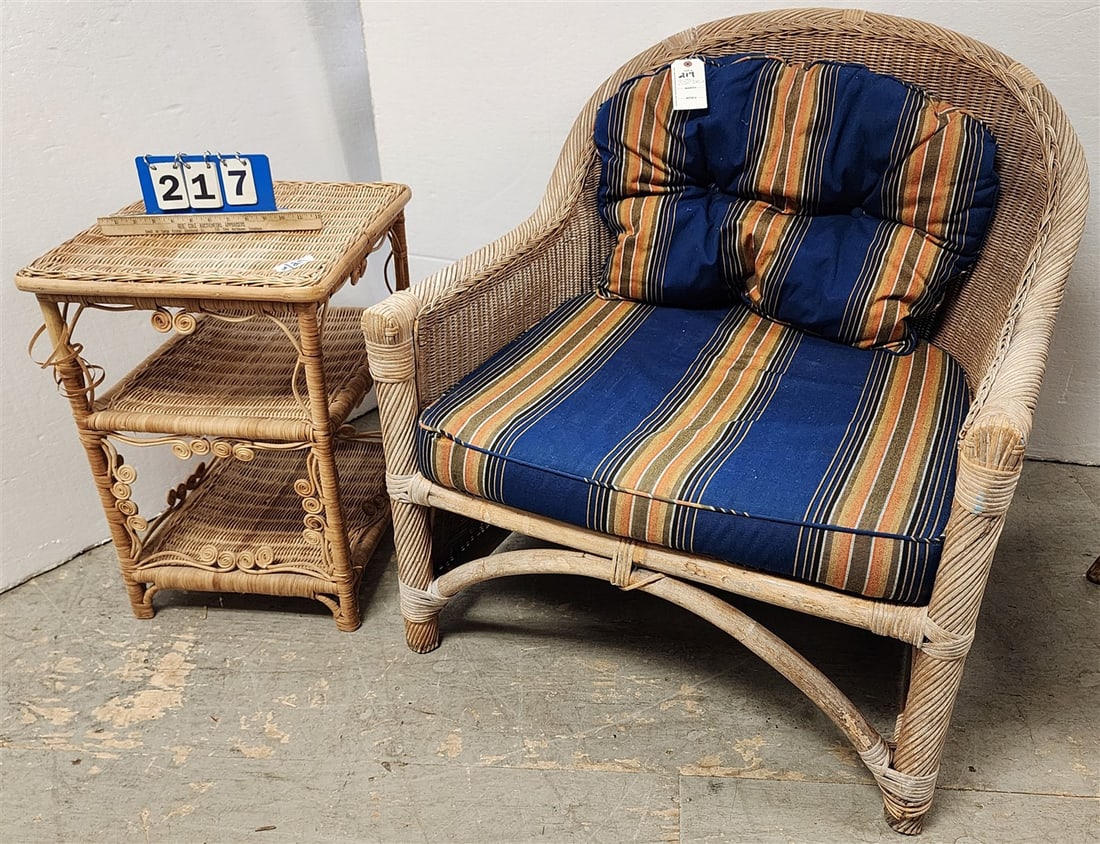 Vintage Wicker Armchair 34" H X 31" W X 29 1/2" D w/3 Tier Side Table 24" H X 16" W X 18" D (1 of 4)