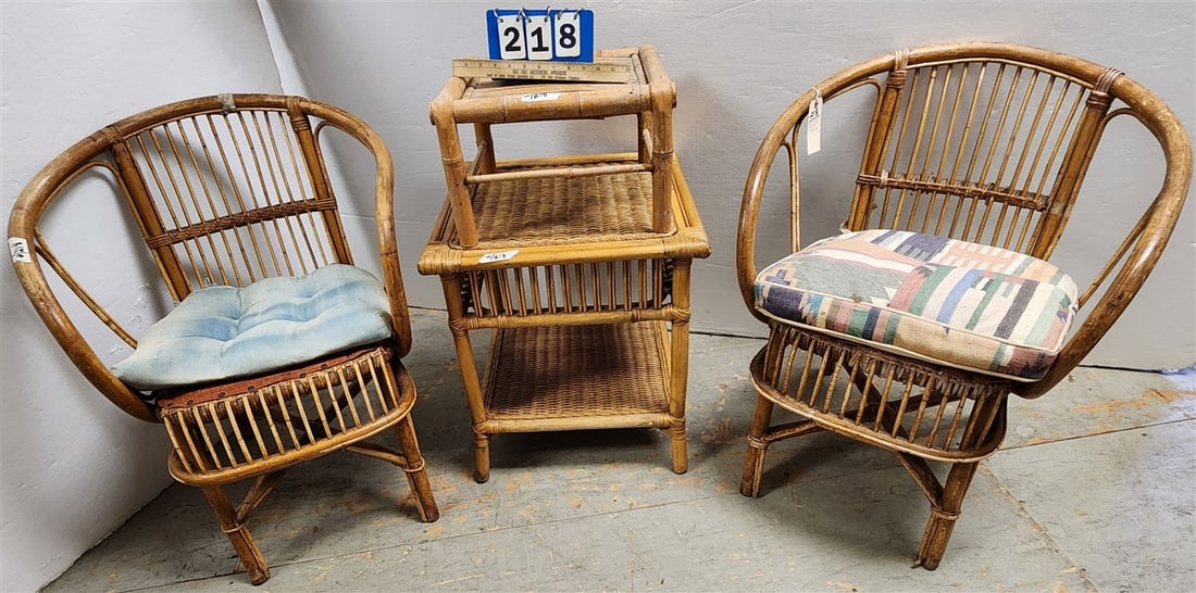 Pr. Vintage Bamboo Armchairs 31" H X 24" W X 17" D + Bamboo & Wicker 2 Tier Stand 22 1/2" H X 20" (1 of 4)