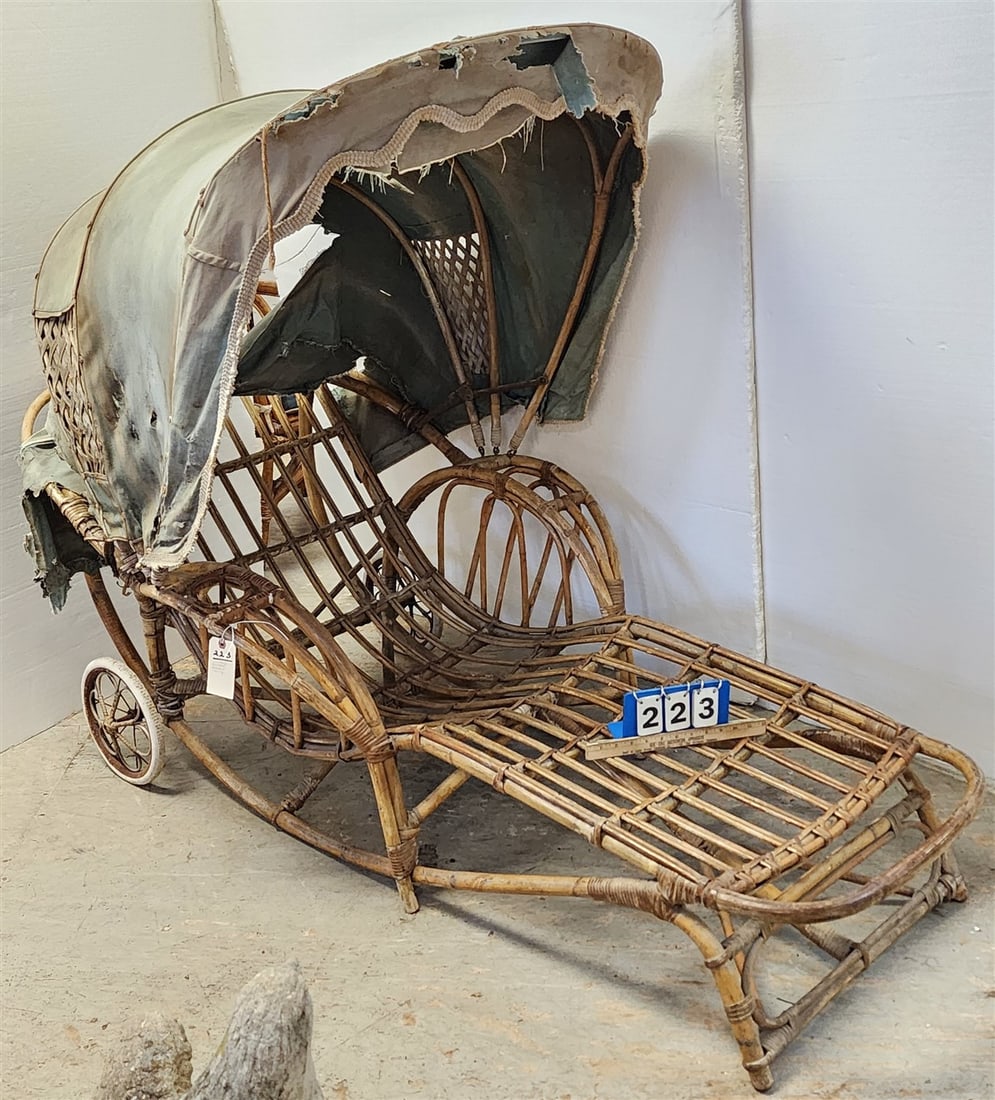 Vintage Bamboo Wheeled Lounge Chair w/Canopy Hood 53" H X 63" L X 36" W: Vintage Bamboo Wheeled Lounge Chair w/Canopy Hood 53" H X 63" L X 36" W