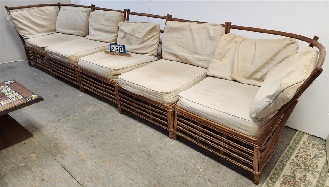 5 Section MCM Bamboo Sofa 29 1/2" H 11'2" L X 23" D: 5 Section MCM Bamboo Sofa 29 1/2" H 11'2" L X 23" D