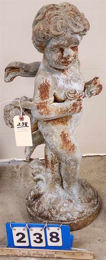 Vintage Cast Iron Child w/Basket Of Flowers Garden Statue 26" H: Vintage Cast Iron Child w/Basket Of Flowers Garden Statue 26" H