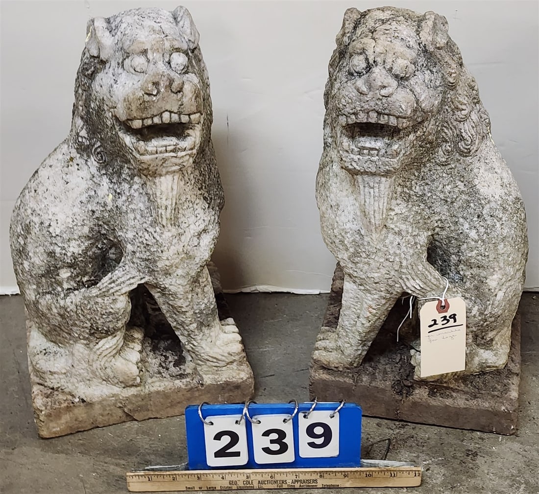 Pr. Marble Foo Dog Garden Statues 18" H X 9" W: Pr. Marble Foo Dog Garden Statues 18" H X 9" W