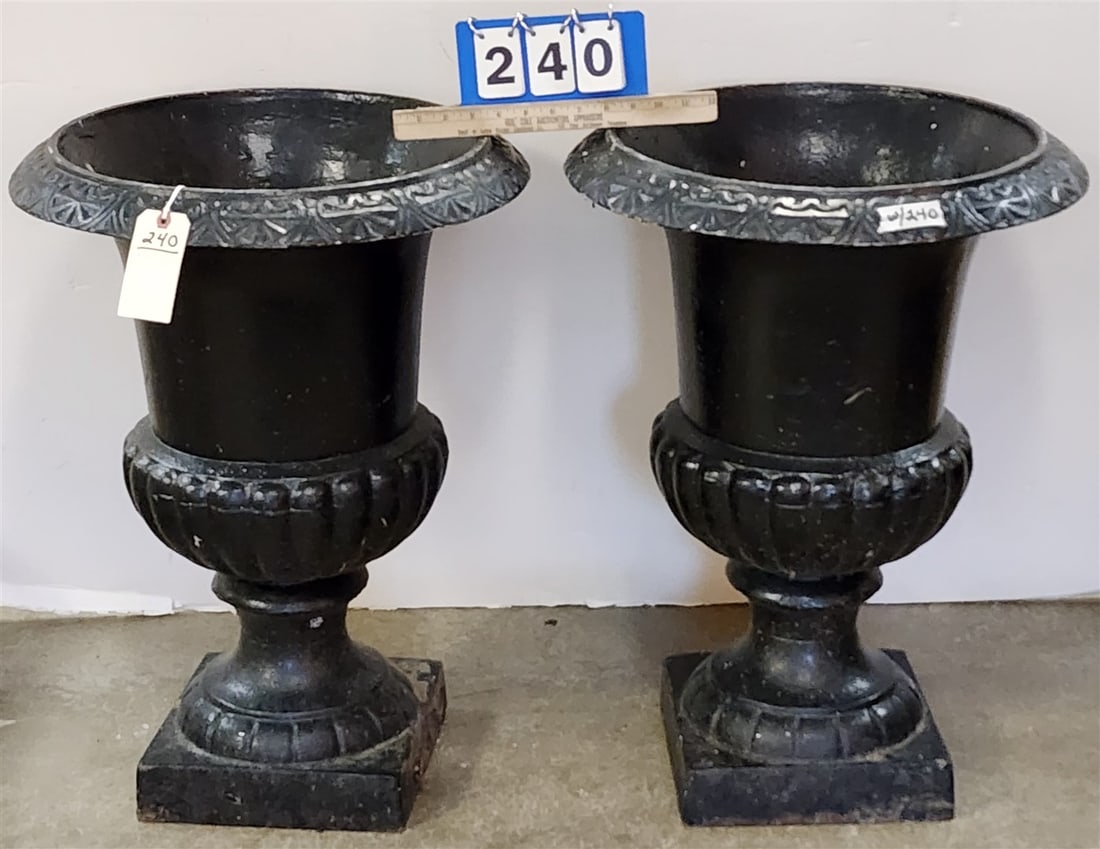 Pr. Vintage Cast Iron Garden Urns 27" H X 19 1/2" Diam.: Pr. Vintage Cast Iron Garden Urns 27" H X 19 1/2" Diam.