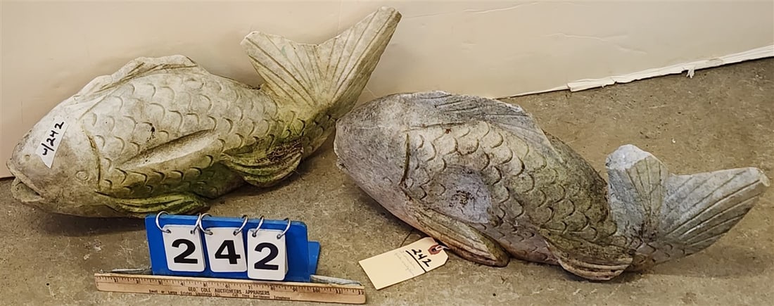 2 Marble Fish Garden Sculptures - 8" H X 19" L + 8" H X 20" L: 2 Marble Fish Garden Sculptures - 8" H X 19" L + 8" H X 20" L
