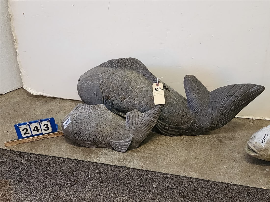 2 Carved Stone Fish Garden Statues - 15" H X 33" L + 9" H X 18 1/2" L: 2 Carved Stone Fish Garden Statues - 15" H X 33" L + 9" H X 18 1/2" L
