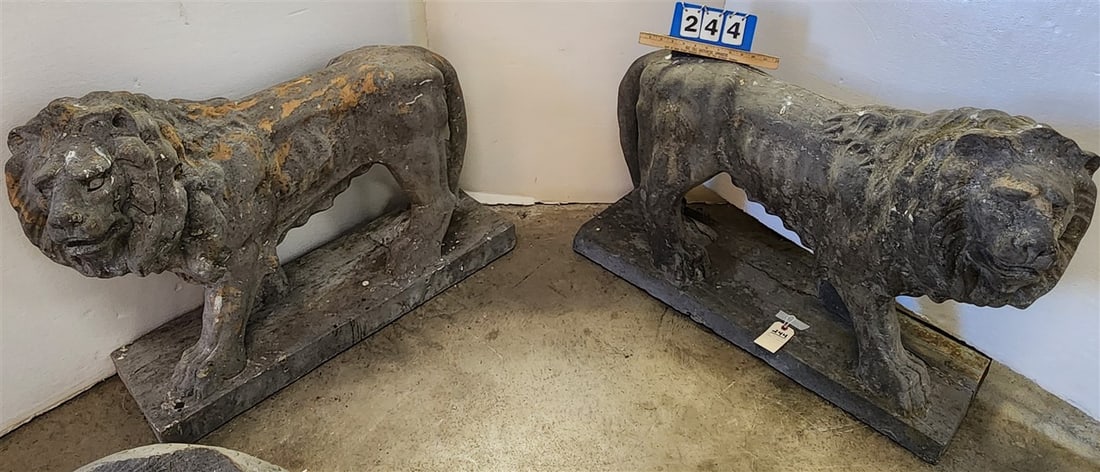 Pr. Carved Stone Lion Garden Statues 29" H X 41" L X 13" D: Pr. Carved Stone Lion Garden Statues 29" H X 41" L X 13" D