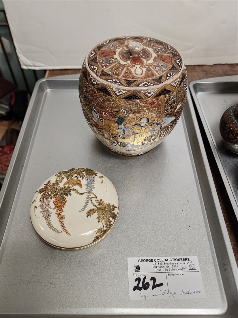 Tray 2 Pcs. Vintage Satsuma - Covered Jar 5" H X 5" Diam. + Covered Makeup Box 1 1/4" H X 4" Diam. (1 of 3)
