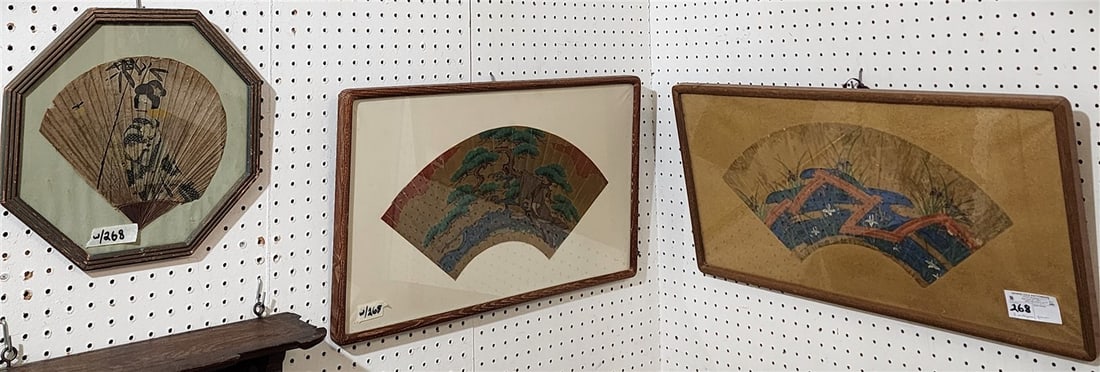 Lot 3 Framed Antique Fans - 14" X 27 1/2" + 15" X 25" + Octagonal 13" Diam.: Lot 3 Framed Antique Fans - 14" X 27 1/2" + 15" X 25" + Octagonal 13" Diam.