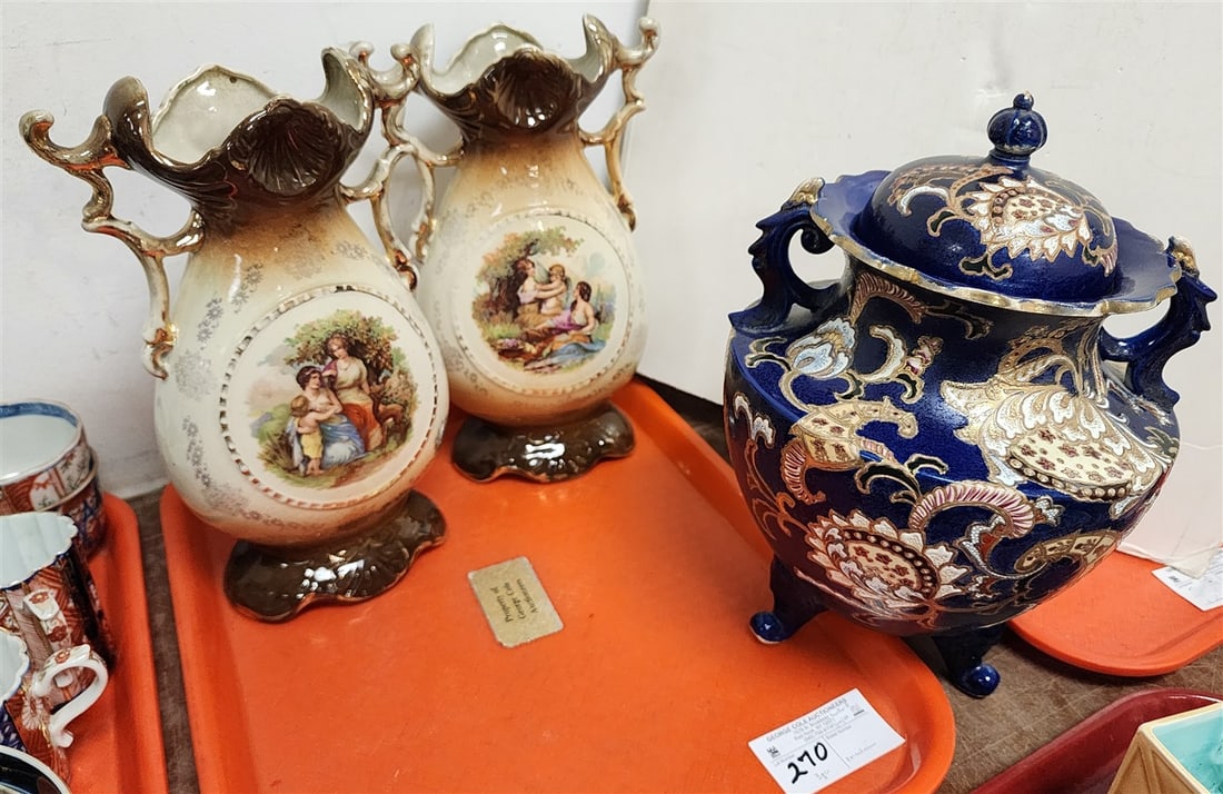 Tray Lot - C1900 Porcelian Cobalt & Gilt Covered Jar 12" H X 8 1/2" Diam. + Pr. Porcelain Vases (1 of 4)