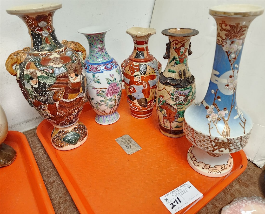 Tray 3 Satsuma Vases - (2)- 12 1/2", 9 1/2" + 2 Chinese 10" Vases: Tray 3 Satsuma Vases - (2)- 12 1/2", 9 1/2" + 2 Chinese 10" Vases