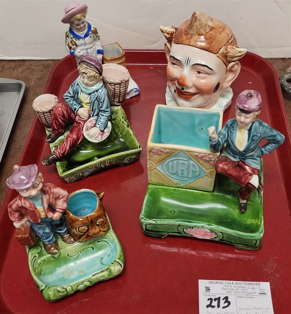Tray 3 Majolica Figural Cigarette & Match Holders - 6 1/2" H, 5" H, 5 1/2" H + Hard Paste Figural: Tray 3 Majolica Figural Cigarette & Match Holders - 6 1/2" H, 5" H, 5 1/2" H + Hard Paste Figural Cigarette Holder 6" H + Porcelian Clown Tobaco Jar 6" H X 5" Diam.