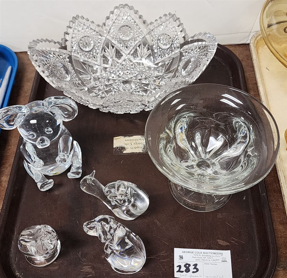 Tray Cut Glass & Crystal - Brilliant Cut Glass Bowl 4" H X 11 1/2" X 8 1/4" D, (4)- Crystal Animal (1 of 6)