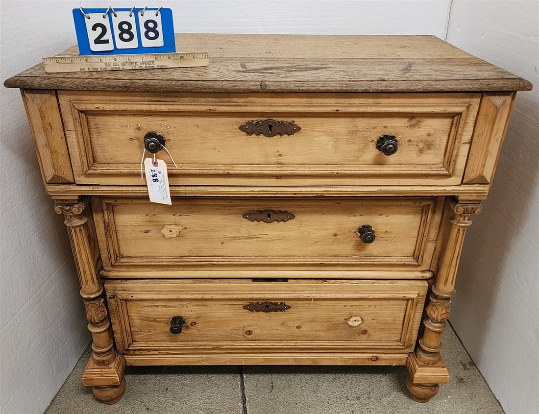 19th C 3 Drawer Pine Chest 34" H X 37 1/2" W X 22" D (1 of 2)