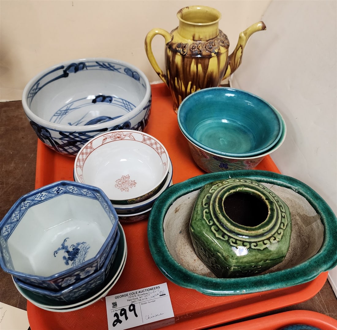 Tray 9 Chinese Rice Bowls + Other Bowl + Glazed Pottery Teapot, Bowl, Etc. (1 of 7)