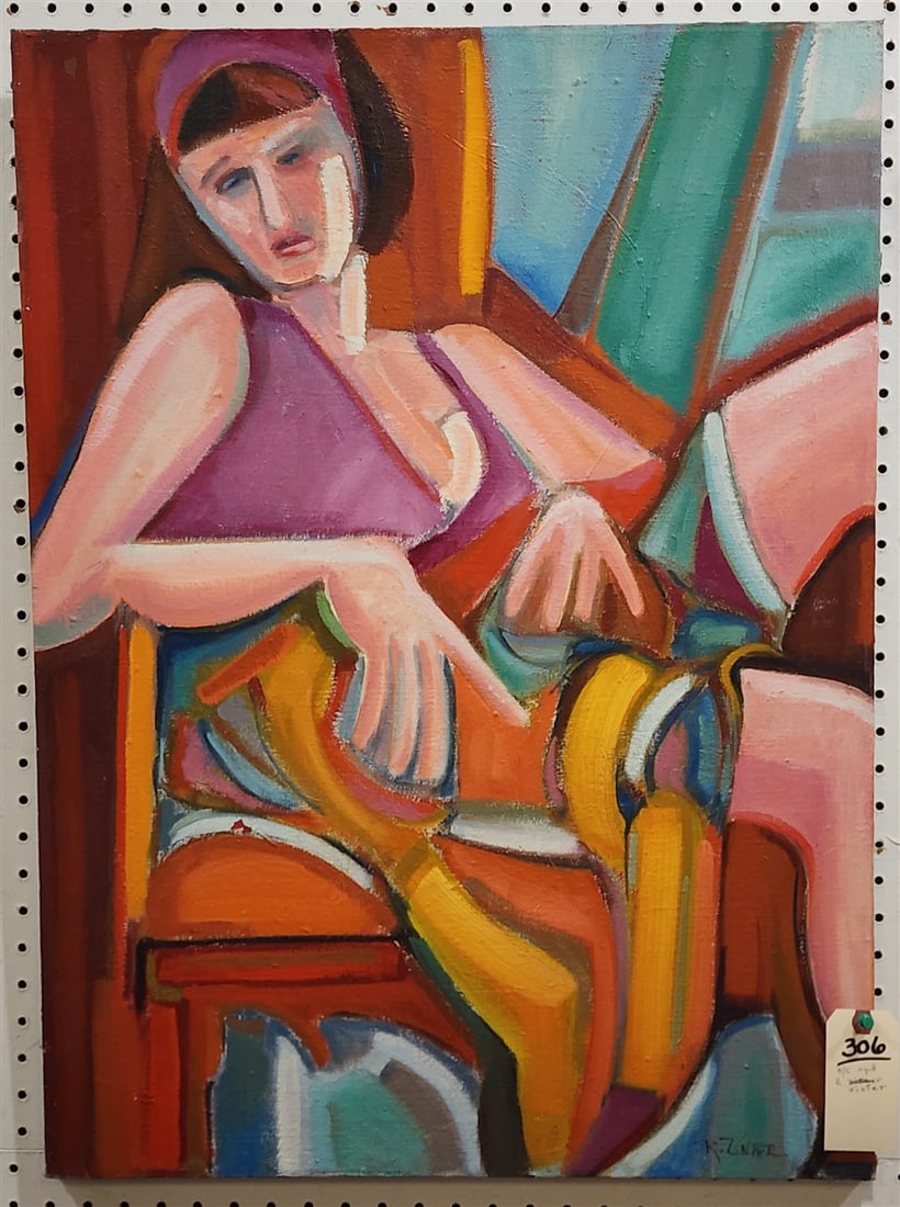 Unframed O/C 'Woman With Brown Wig' Sgnd R. Zinter 30" X 22": Unframed O/C 'Woman With Brown Wig' Sgnd R. Zinter 30" X 22"