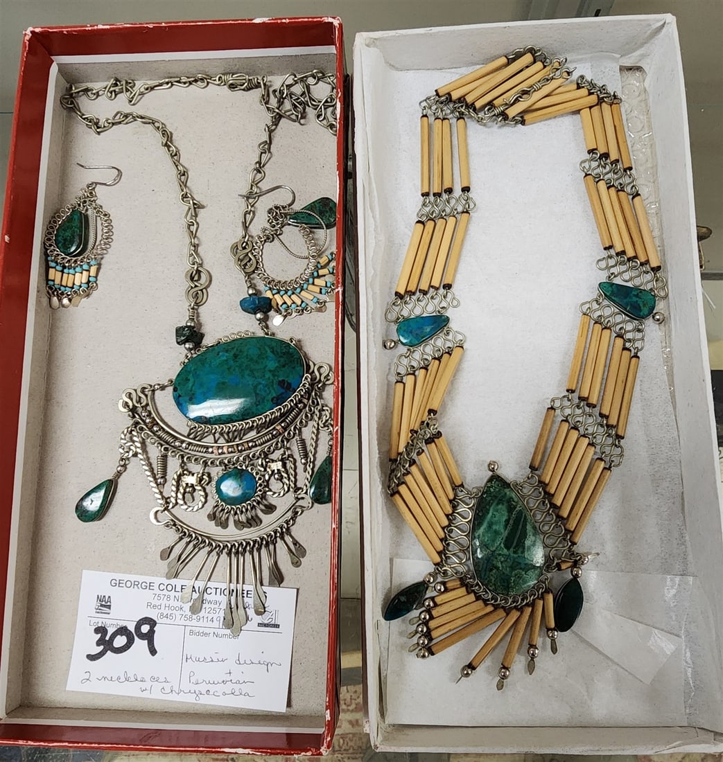2 Necklaces - 1 Mussio Design Metal Chain & Fringe & Chrysocolla Stones w/Pr. Earrings, 1 Peruvian: 2 Necklaces - 1 Mussio Design Metal Chain & Fringe & Chrysocolla Stones w/Pr. Earrings, 1 Peruvian Tribal w/Bamboo Tubes & Chrysocolla Stones