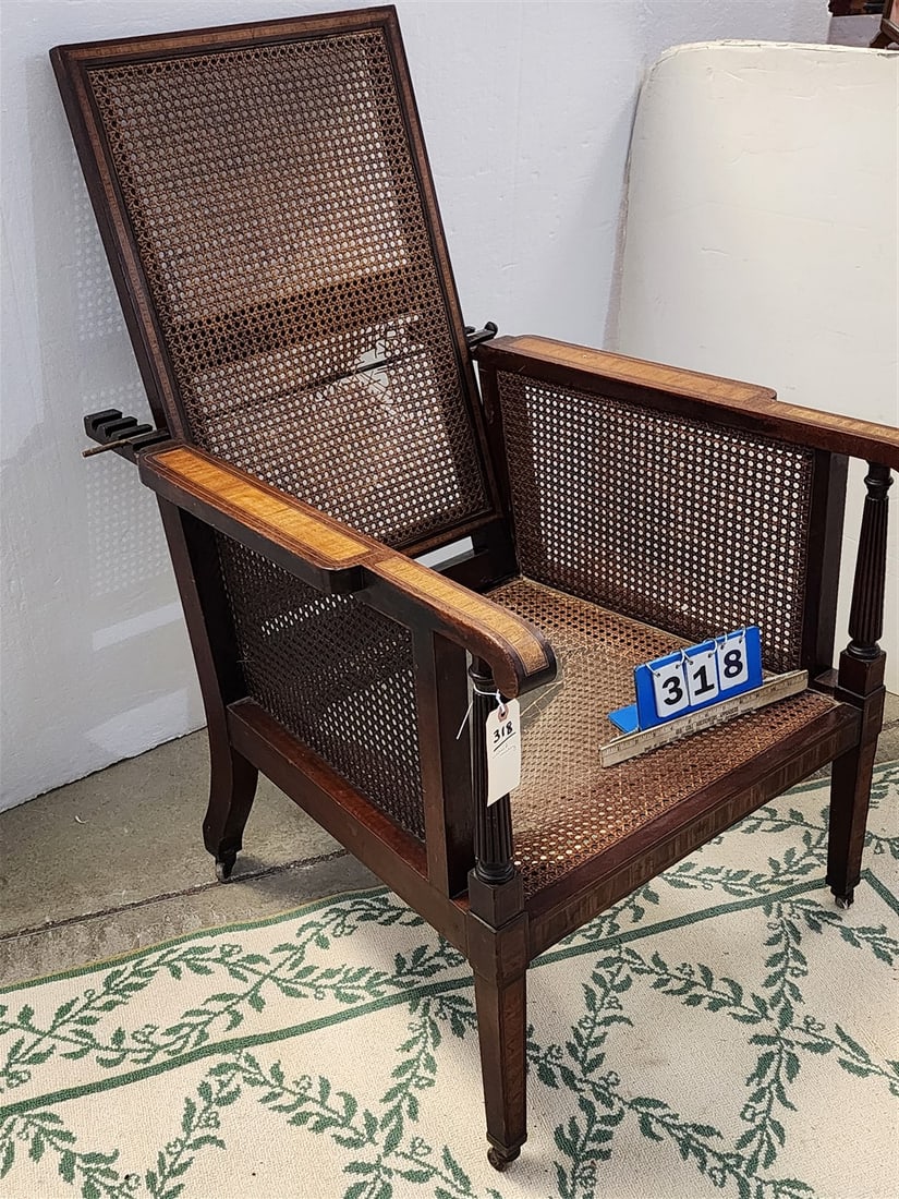 Inlaid Mahogany Morris Chair Cane Back & Seat 43" H X 27" W X 22 1/2" D: Inlaid Mahogany Morris Chair Cane Back & Seat 43" H X 27" W X 22 1/2" D