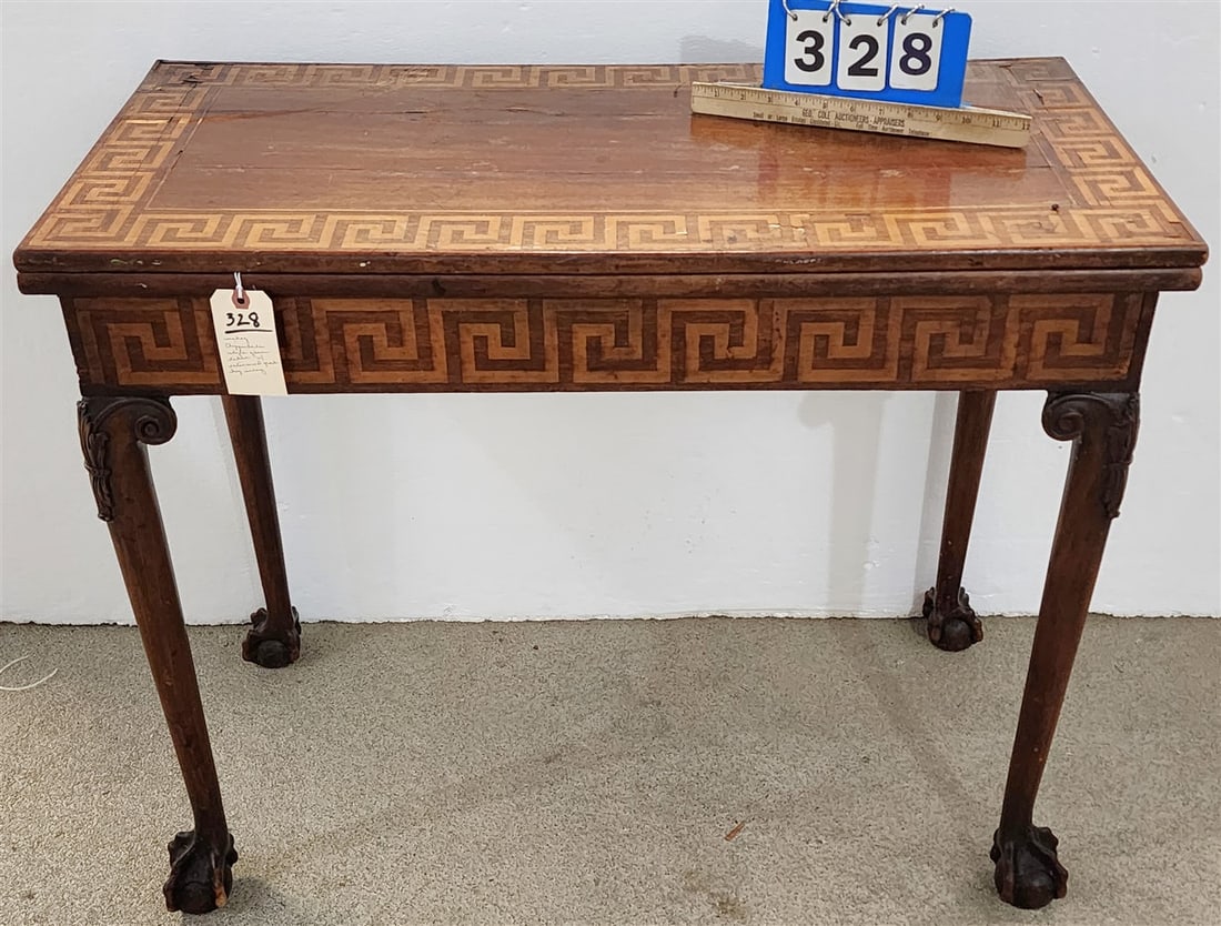 Mahogany Chippendale Style Game Table w/Inlaid Greek Key 28 1/2" H X 36 1/2" W X 17" D: Mahogany Chippendale Style Game Table w/Inlaid Greek Key 28 1/2" H X 36 1/2" W X 17" D