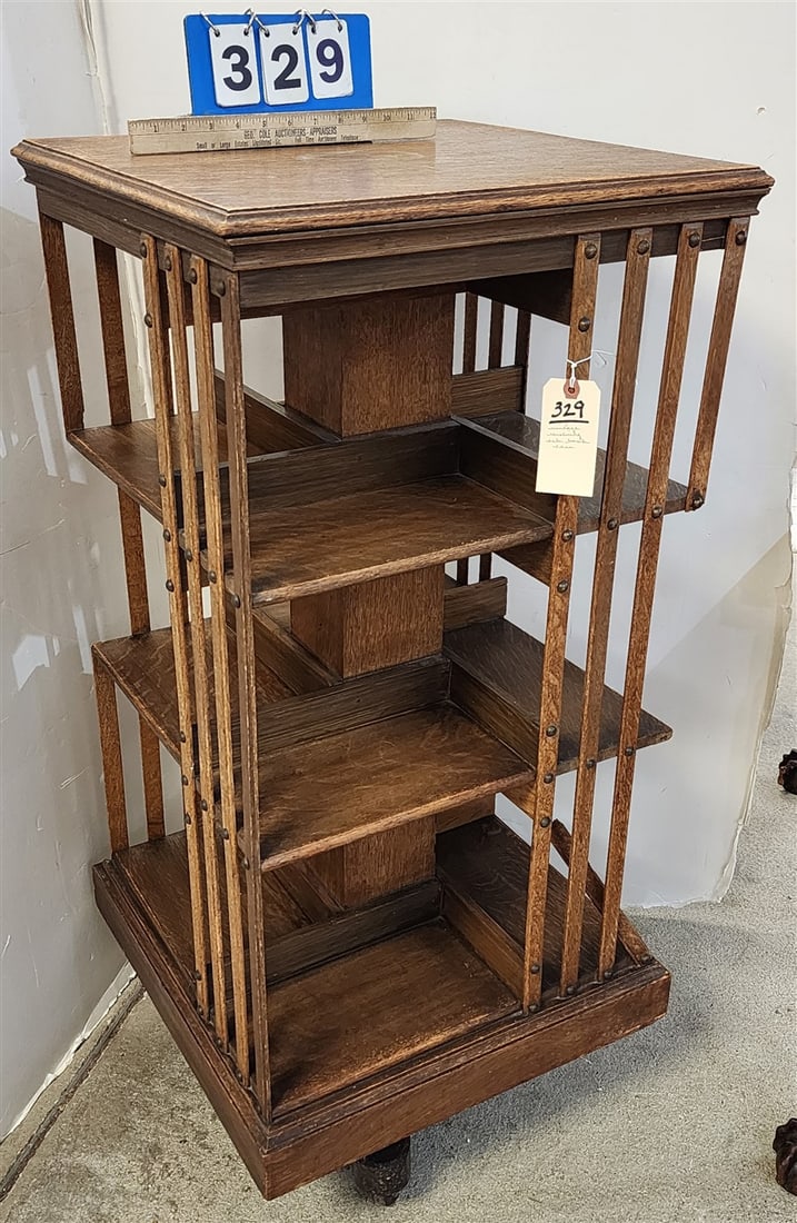 Vintage Rotating Oak Bookcase 43 1/2" H X 19" Sq.: Vintage Rotating Oak Bookcase 43 1/2" H X 19" Sq.