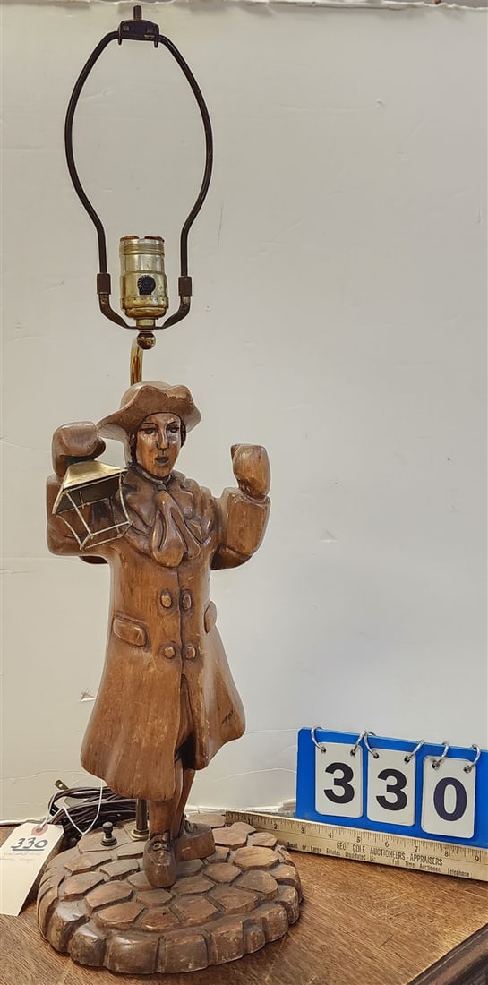 Wooden Carved Town Crier 16 1/2" H Made Into Lamp 26 1/2" H: Wooden Carved Town Crier 16 1/2" H Made Into Lamp 26 1/2" H
