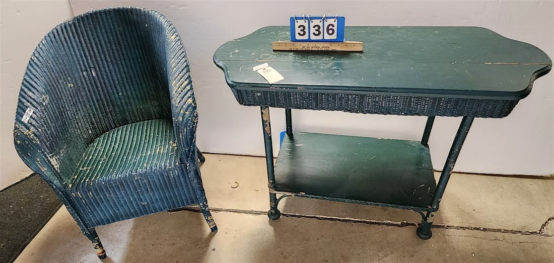 Wicker Armchair 32" H X 24 1/2" W X 18" D + Wicker & Wood Table 29" H X 42" W X 18 1/2" D: Wicker Armchair 32" H X 24 1/2" W X 18" D + Wicker & Wood Table 29" H X 42" W X 18 1/2" D