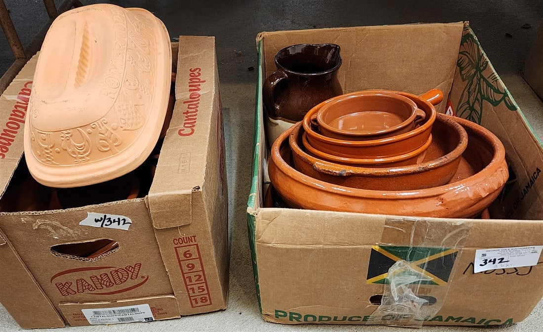 2 Boxes Of 19 Pcs. Red Brown Glazed Terracotta Cooking Dishes - Sizes Range From 14 1/2" Diam. To (1 of 3)