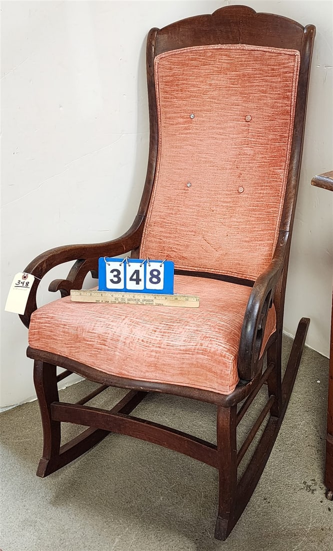 Victorian Walnut Upholstered Rocker 43 1/2" H X 23 1/2" W X 19" D: Victorian Walnut Upholstered Rocker 43 1/2" H X 23 1/2" W X 19" D