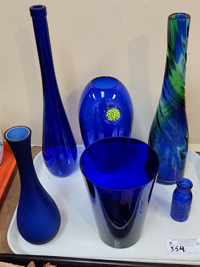 Tray Cobalt Art Glass Vases - Ranging Size From 16" H To 4" H: Tray Cobalt Art Glass Vases - Ranging Size From 16" H To 4" H