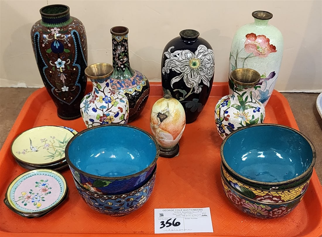 Tray Cloisonne Vases, Bowls & Dishes (Some Have Damage): Tray Cloisonne Vases, Bowls & Dishes (Some Have Damage)