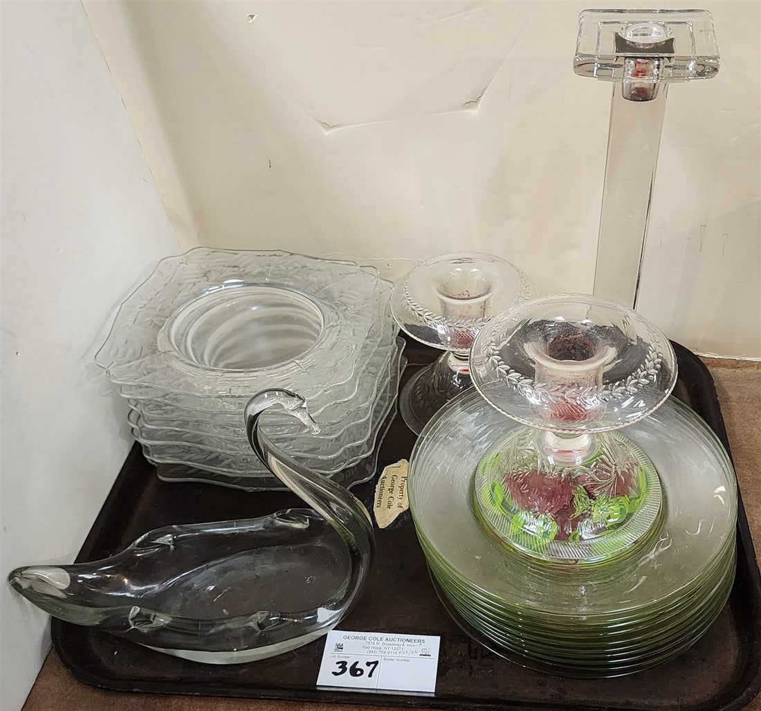 Tray Glassware - 8 Etched Plates 7 1/2" Sq., 10 Hand Enameled Plates 10" Diam., Pr. Cut Glass: Tray Glassware - 8 Etched Plates 7 1/2" Sq., 10 Hand Enameled Plates 10" Diam., Pr. Cut Glass Candlesticks 5" H, Hand Blown Swan Dish 7 1/2" H X 9 1/2" L + Crystal Candlestick 12" H