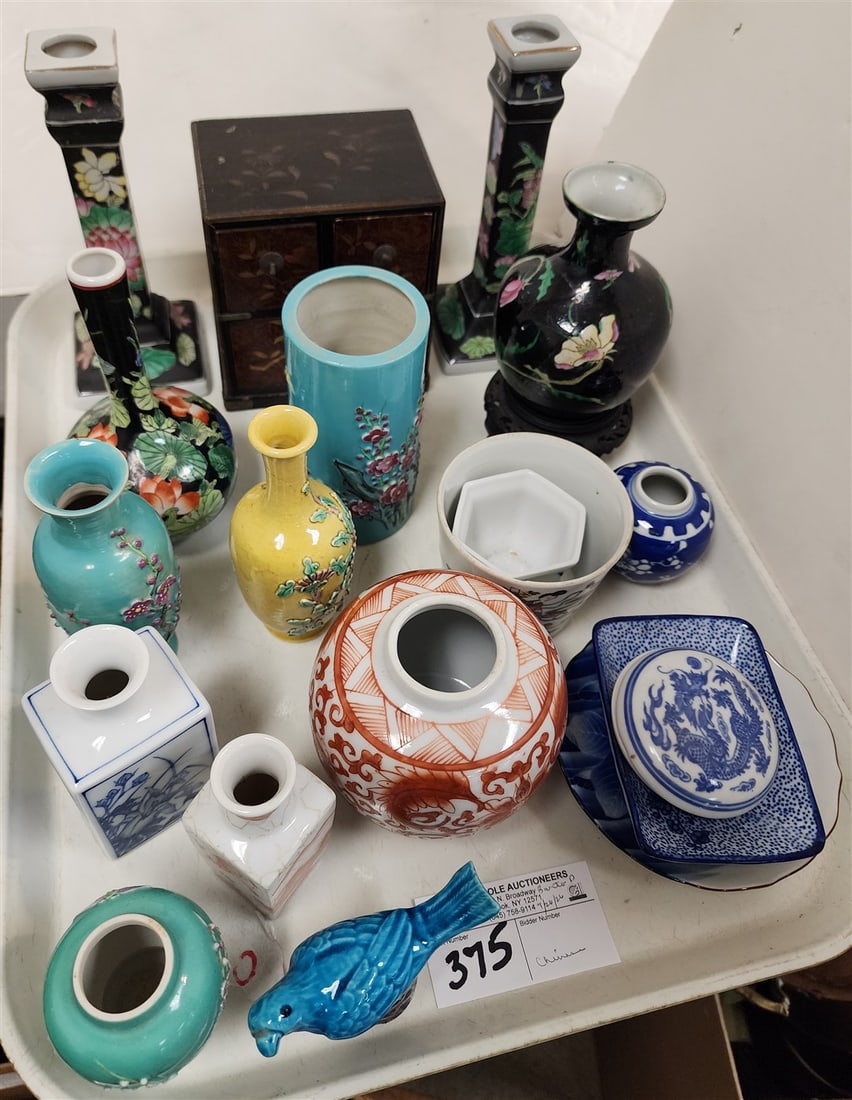 Tray Chinese Vases, Cups, Bowls, Candlesticks + Small 3 Drawer Lacquer Box 5" H X 4 1/2" W X 3 1/2" (1 of 7)