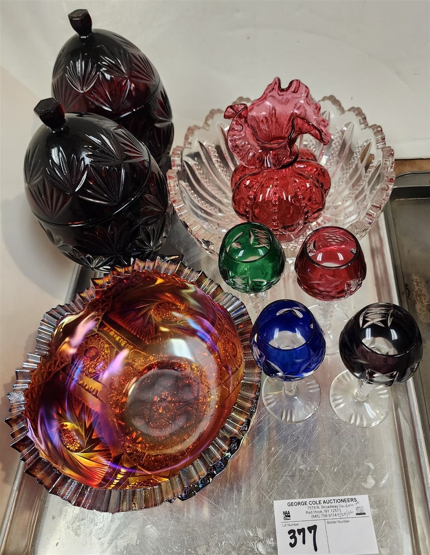 Tray Colored Glass, Pr. Ruby Covered Jars 9" H, Carnival Bowl, Cranberry Vase 6" H + 4 Cut To Clear (1 of 5)
