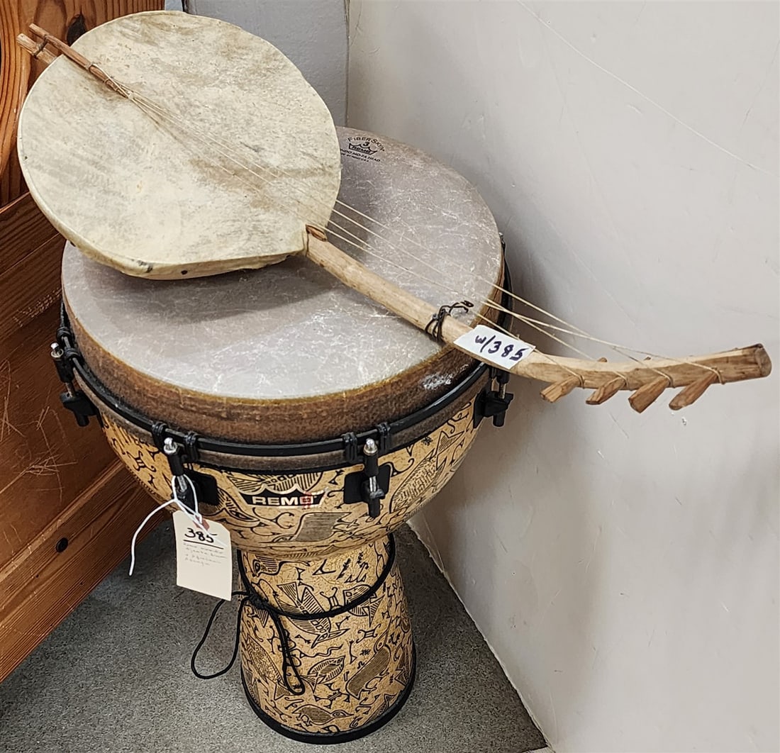 Remo Mondo Djembe Drum 'Fossil Fantasy' 25" H X 15" Diam. + African Adungu 4 String Instrument (1 of 3)