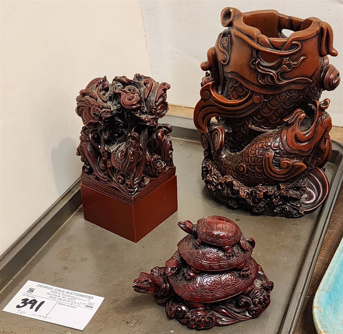 Tray 3 Cast Resin Asian Items - Vase 7" H X Dragon Block 5 1/2" H X 2 1/2" Sq. + Stack Of Turtles 3" (1 of 3)