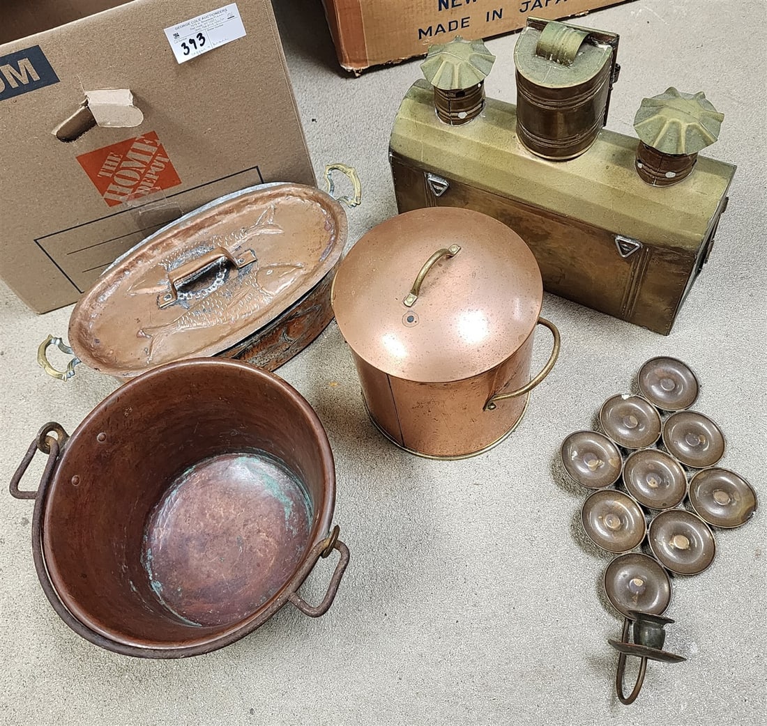 Box Copper & Brass Items - Copper Fish Poacher 5" H X 14" W X 8" D, Copper Covered Canister 10" H X (1 of 2)