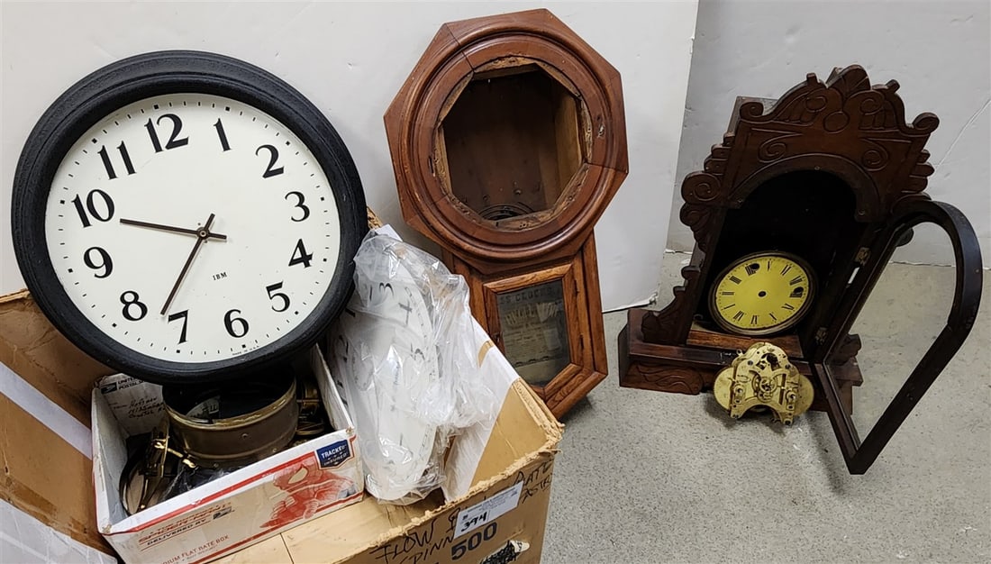 Box Of Clocks & Clock Parts - Victorian Walnut Case, Oak Regulater Case (1 of 7)
