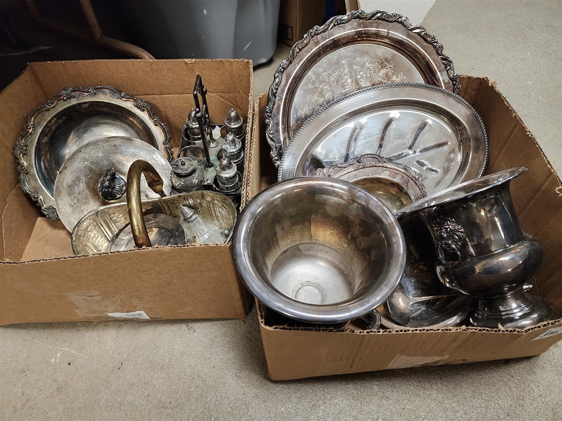 2 Boxes Silverplate Serving Pcs. - Trays, Champagne Buckets, Etc. (1 of 2)
