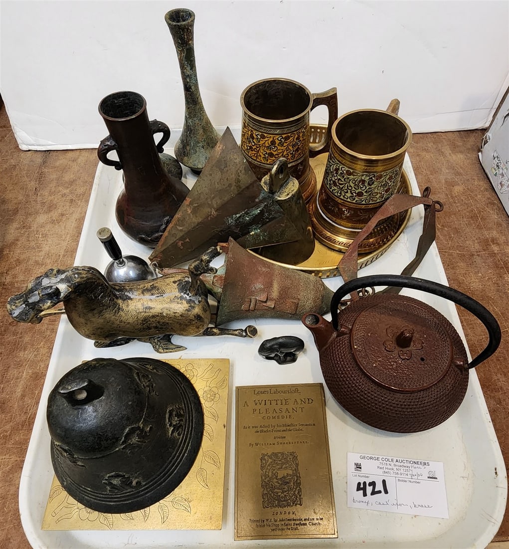 Tray Metal Items - Bronze Horse 5 1/2" H, 3 Bronze Vases 6" + 4 1/2", (2) Antique Bells, Brasss: Tray Metal Items - Bronze Horse 5 1/2" H, 3 Bronze Vases 6" + 4 1/2", (2) Antique Bells, Brasss Tray, Cast Iron Japanese Tetsubin Teapot, Etc.
